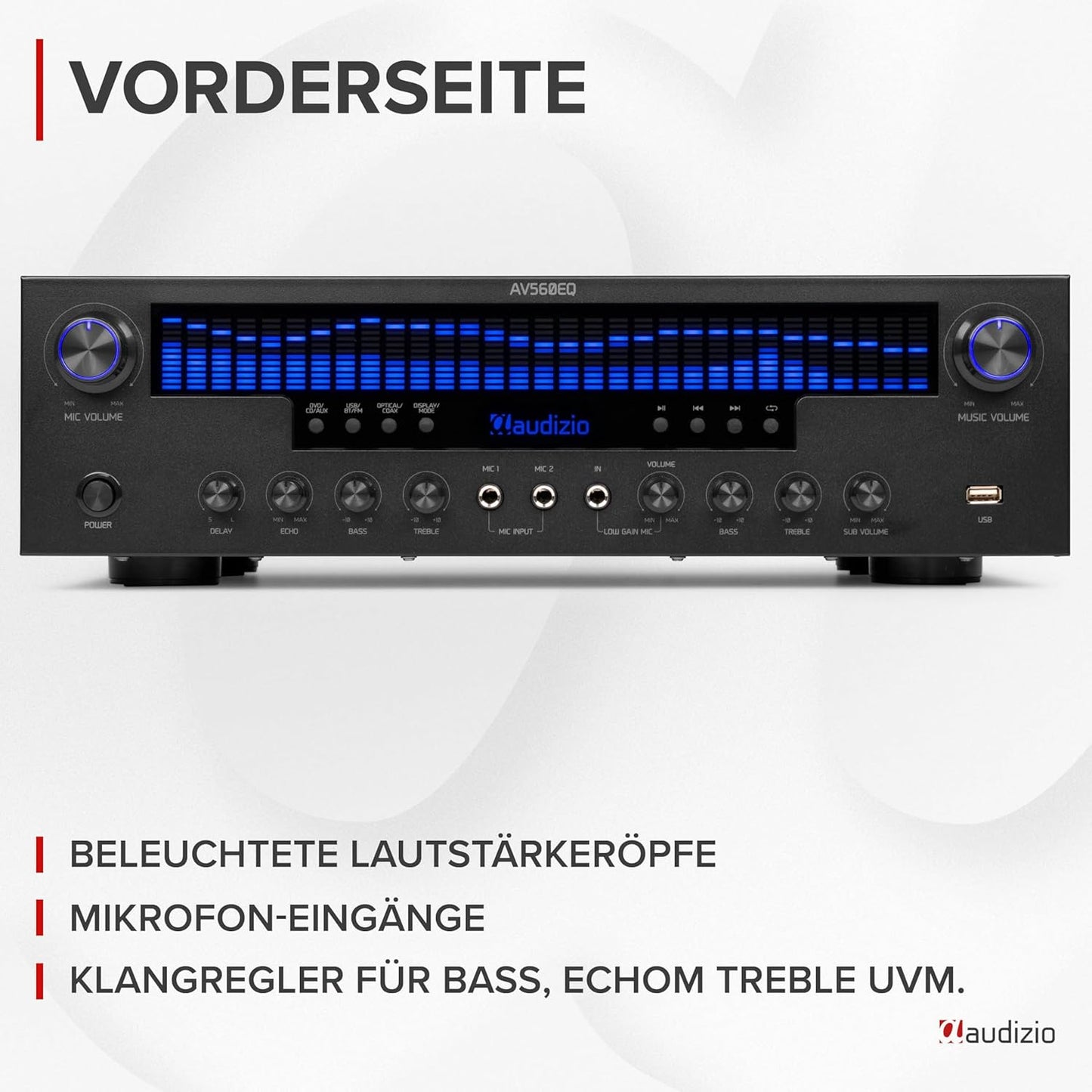 AV560EQ - 5.1 Hifi Verstärker Mit Bluetooth, 390 Watt AV Receiver & Stereoanlage Für Heimkino, TV & Musik - Verstärker Hifi Stereo Mit Subwoofer-Out, USB, Fm-Radio, 2X Mikrofon, Equalizer