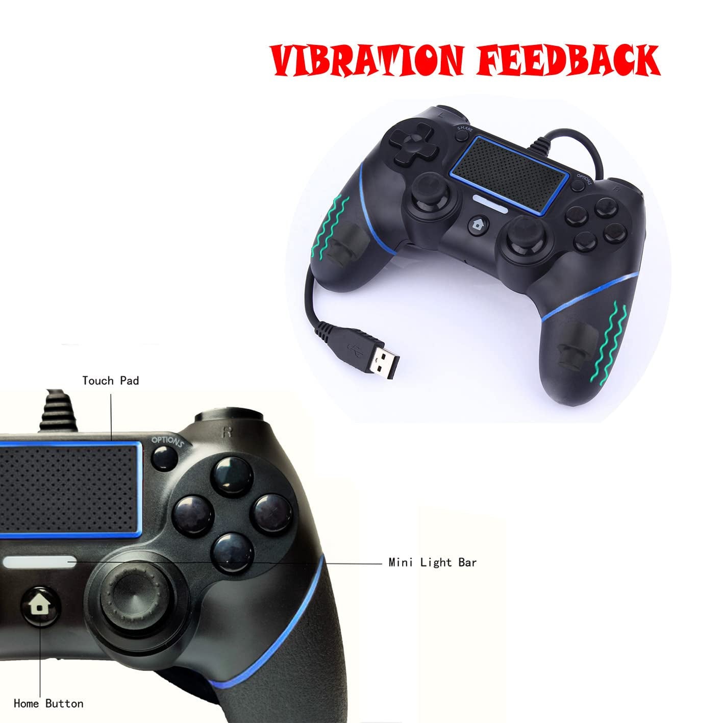 Intckwan Kabelgebunden Game Controller Für PS-4 / Pro/Slim/Laptop/Pc(Win7/8/10), Wired Gamepad Joystick Mit Vibration Und Anti-Rutsch-Griff, Ergonomie(Blau)