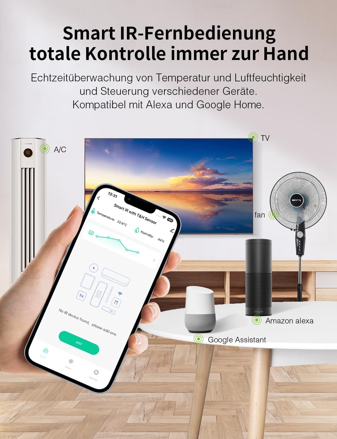 Ghome Smart WLAN Thermometer Hygrometer, Smart Infrarot-Fernbedienung, Digital Temperatur Luftfeuchtigkeitsmesser Mit App-Benachrichtigungsalarm, Kompatibel Mit Alexa Und Google Assistant(1 Pack)