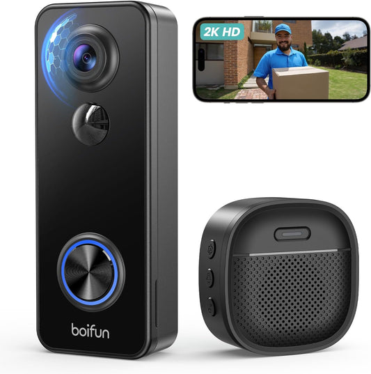 BOIFUN 2K WLAN Video Türklingel Mit Kamera, Funkklingel Mit Kamera, 180° Ultrabreiten Sichtfeld, 2-Wege-Audio,Ai Bewegungserkennung, Kompatibel Mit Alexa, Kein Abonnement Erforderlich, 2,4Ghz, IP65