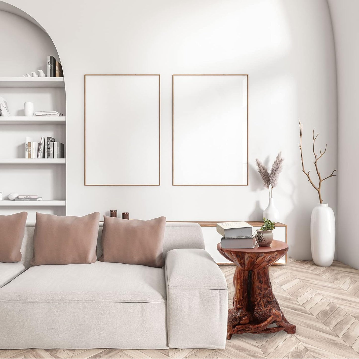 Beistelltisch Mit Azalee Und Baumstumpf, Rustikaler Beistelltisch Aus Holz Mit Wurzelholz,Reclaimed Primitive Baumstamm-Eck-Akzent-Tisch,Runder Natürlicher Couchtisch,Blockhütte Heimdekoration Möbel