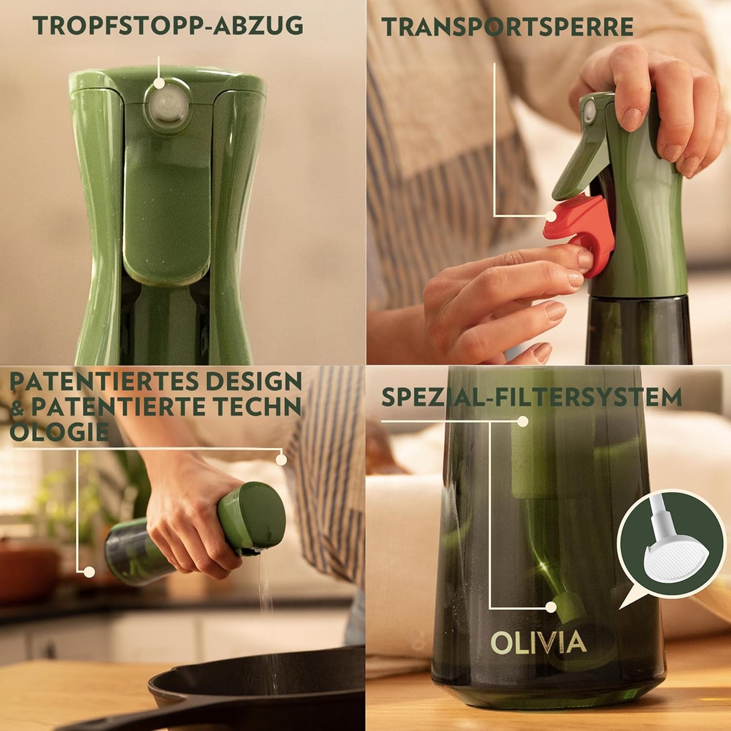 FLAIROSOL OLIVIA 200Ml Glas-Ölsprüher - Kontinuierliche Ölsprühtechnik Mit Portionskontrolle - Vielseitiger Ölzerstäuber Zum Kochen, Salat, Grillen, Backen Und Für Weitere Szenarien (Grün)