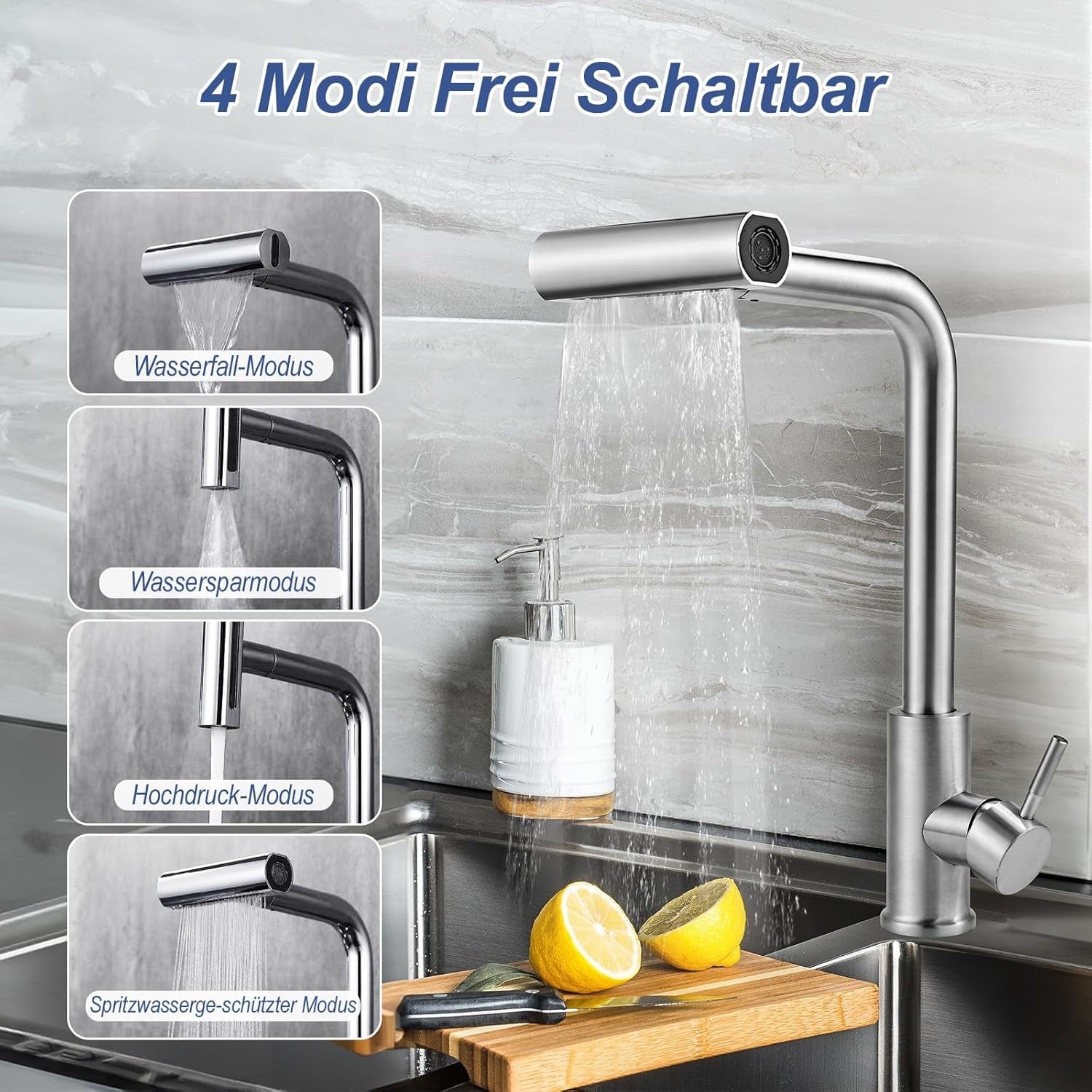 Wasserhahn Küche Ausziehbar, Hochdruck Küchenarmatur 360° Drehbar, Mischbatterie Spültischarmatur Mit Brause 4 Modus, Herausziehbarer Armatur Küche (Edelstahl)