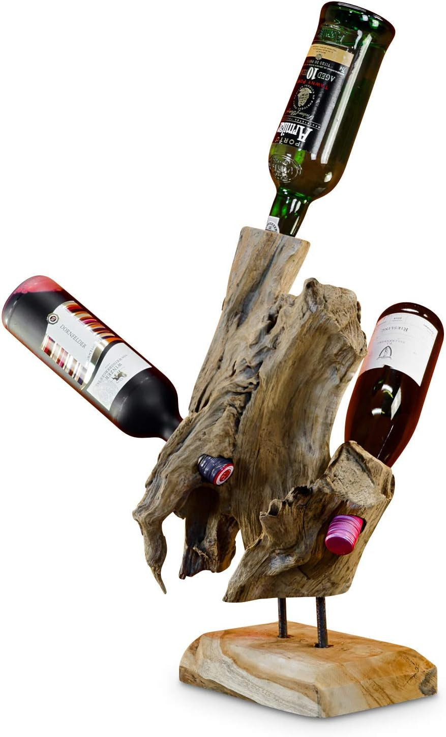 Kinaree Wurzelholz Flaschenständer M/XL/XXL - Wein Flaschenhalter Aus Teak Holz - Rustikale Dekoration in Modernem Design (M)