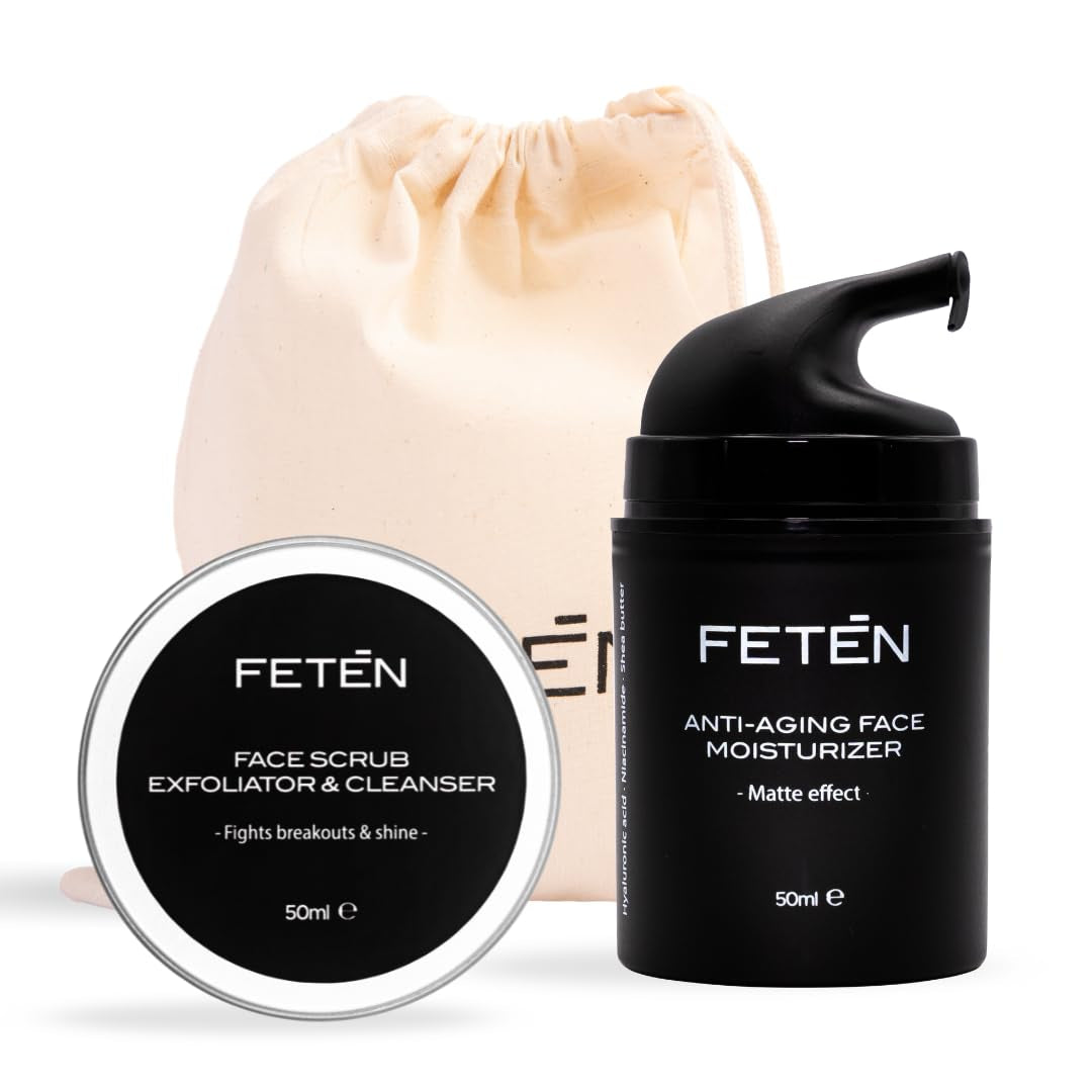 FETEN Anti-Unvollkommenheitsset Für Herren, Gesichtspeeling + Feuchtigkeitscreme, Anti-Falten-Matteffekt, Gesichtsbehandlung Für Männer, Geschenkset