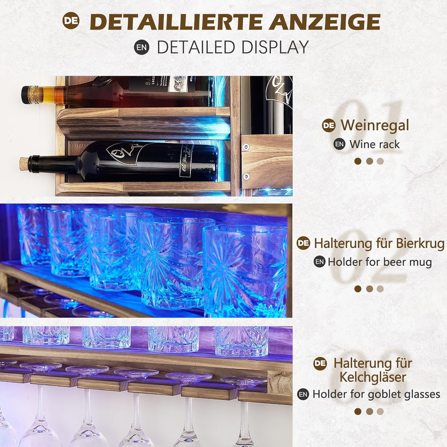 Yorbay Weinregal Mit Led-Licht Palette Beflammt Holz, Wandbar Mit Korkhalter, Für Weingläser, Whiskygläser, Flaschenhalter Hausbar, Vintage, Geschenk