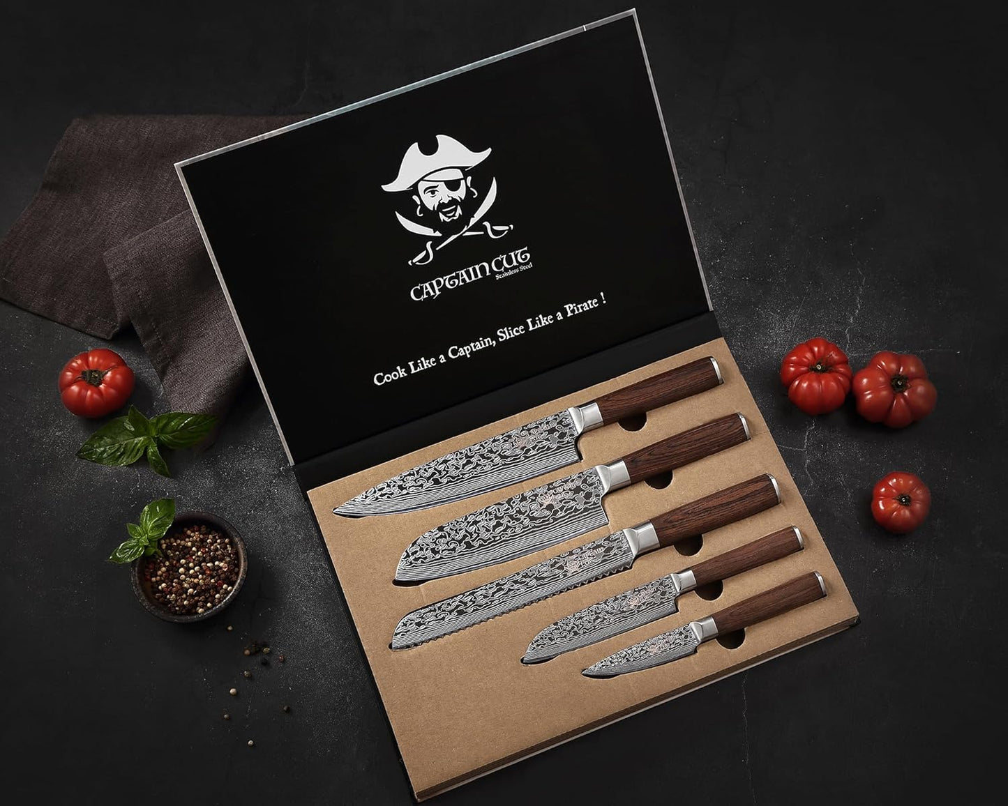 5-Teiliges Edelstahl Küchenmesser Set Mit Damast Optik Inklusive Magnetischem Messerblock I 5 Küchenmesser Mit Pakkaholzgriff Im Set I Messerset Mit Block Aus Akazienholz