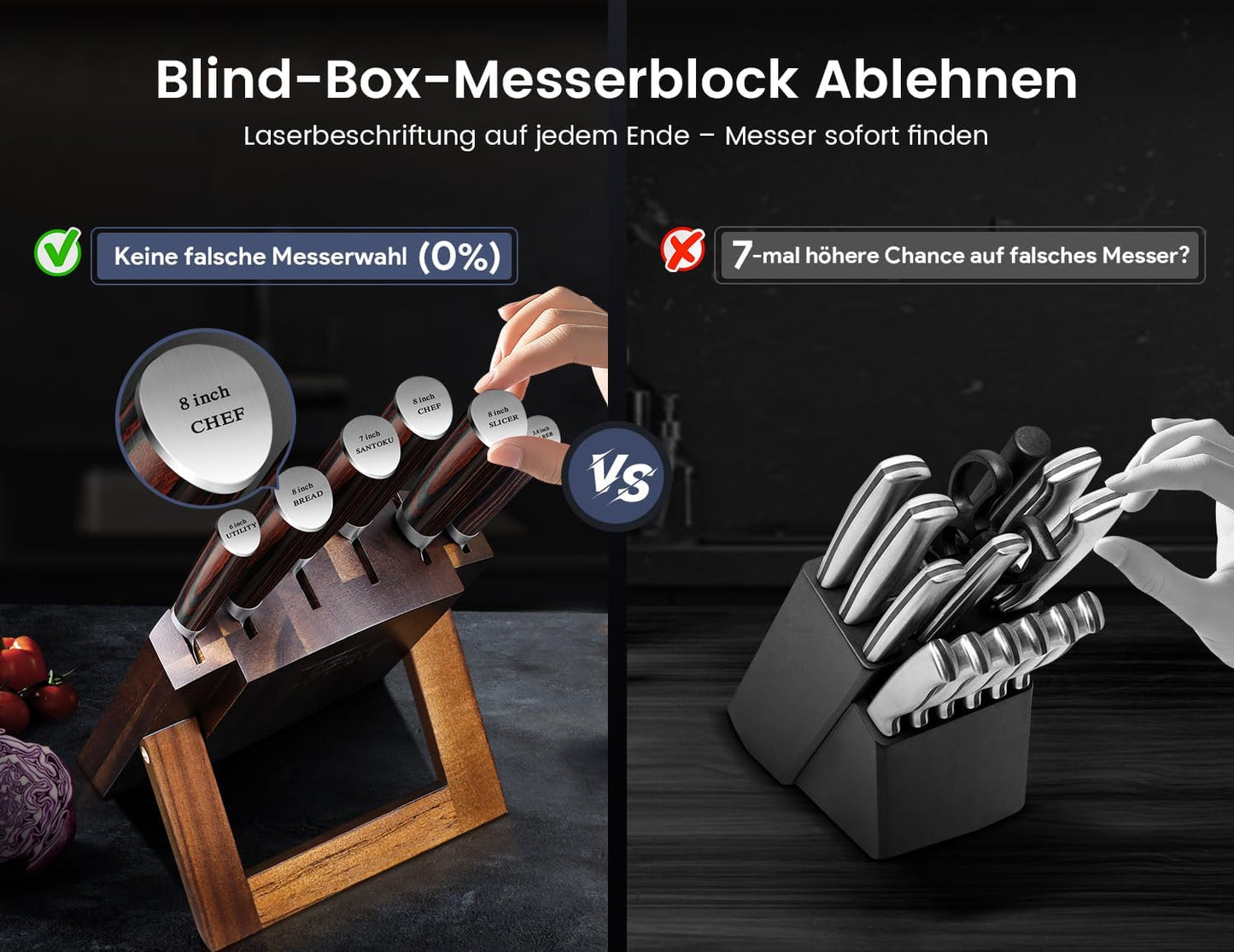 Messerset 7-Teiliges Küchenmesser-Set Im Japanischen Stil Mit Faltbarem Magnetischem Akazienholzblock, Scharfer Karbonstahl Für Die Küche Mit Rutschfestem Ergonomischem Griff