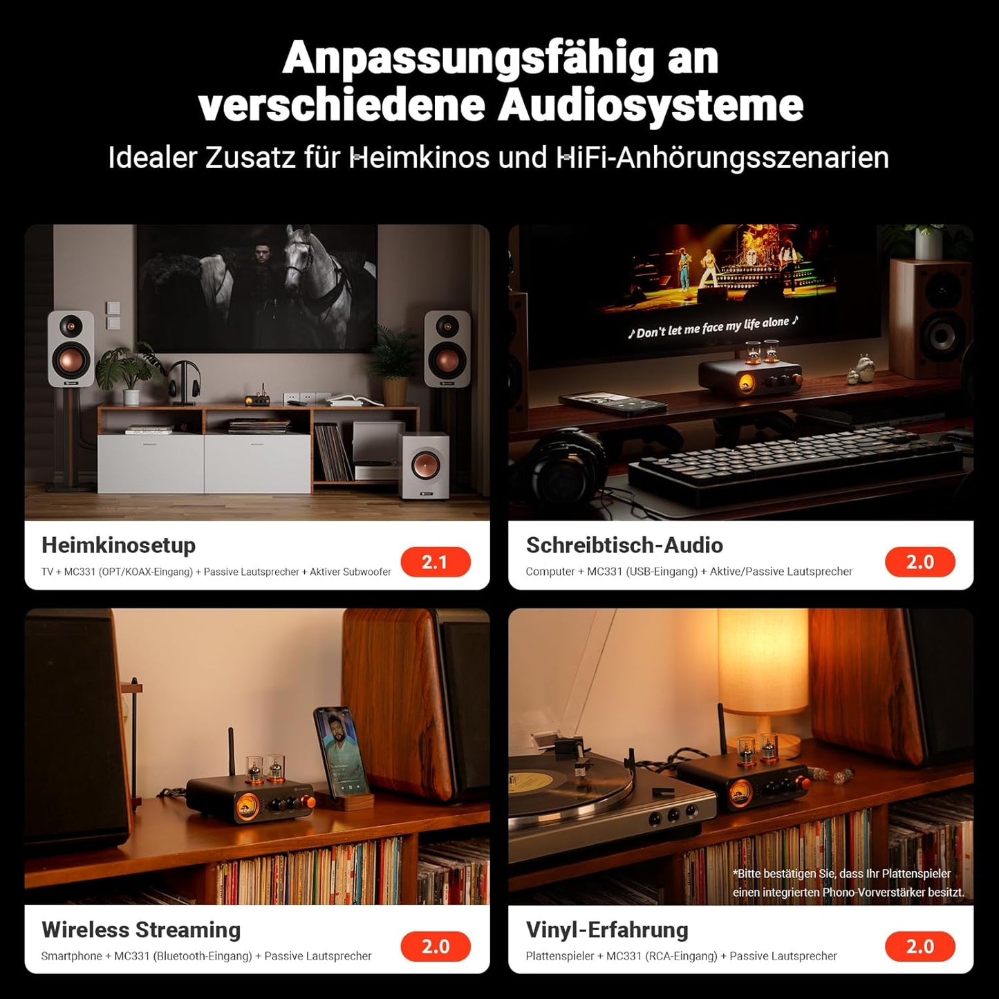 Fosi Audio MC331 Röhrenvollverstärker Mit DAC, 2 Kanal Heim Stereo Audio Verstärker Für Hifi Regallautsprecher/3,5Mm Kopfhörer, Retro Vu-Messer Vorverstärker Mit Bluetooth Und Usb/Opt/Coax/Rca