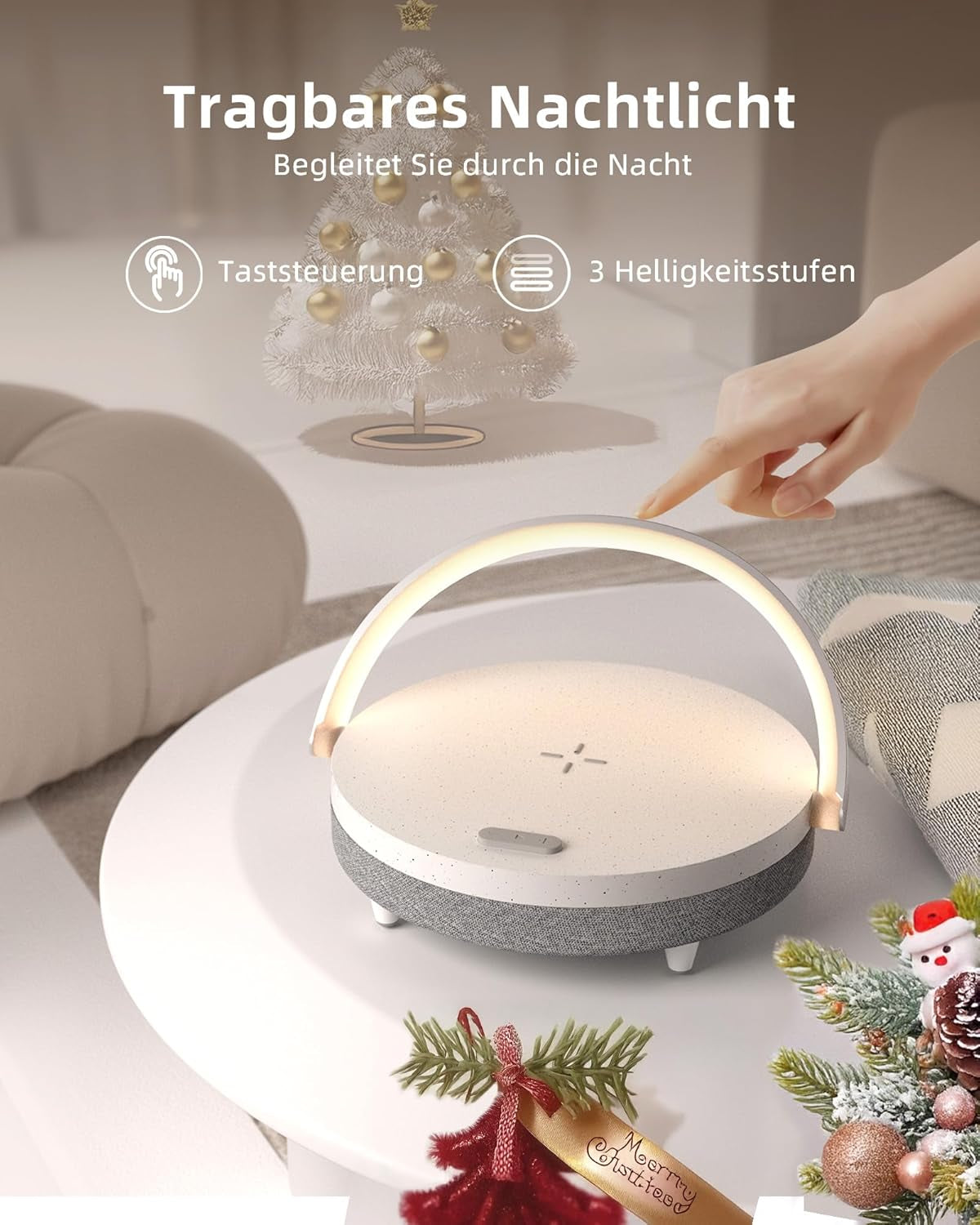 EZVALO LED Nachttischlampe Mit Ladefunktion, 4-In-1 Touch Dimmbar Nachtlicht, Bluetooth Lautsprecher, Kabelloser Ladefunktion, Telefonhalterung, Tischleuchte Für Frauen, Weihnachten, Geburtstag