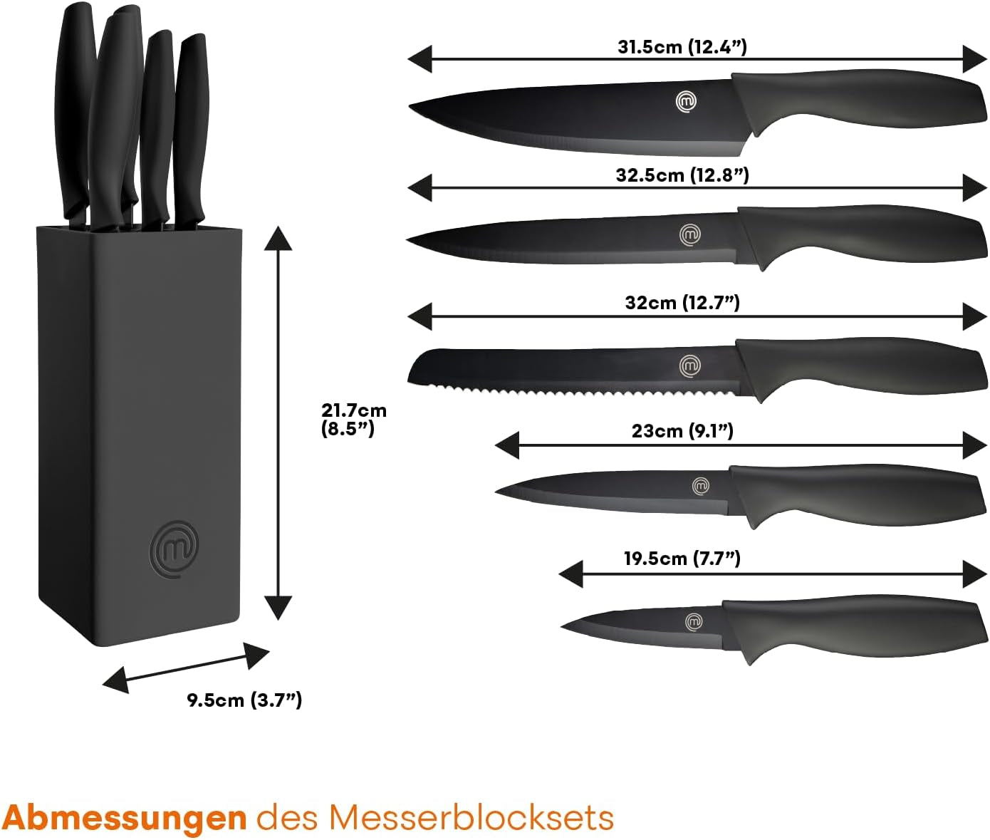 Masterchef Messerblock Mit Messer, Messerset Mit Block, Scharfe Messer Set Mit Küchenmesser, Kochmesser, Brotmesser, Schälmesser & Allzweckmesser, Edelstahlklingen, Softgriff, 6-Teilig, Schwarz