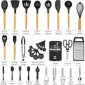 Küchenutensilien-Set – 34-Teiliges Silikon-Kochutensilien Mit Halter, Hitzebeständig, Antihaftbeschichtet, Kochgeschirr, Zange, Spatel, Löffel-Set, Holzgriffe, Küchenutensilien Und Gadgets (Schwarz)