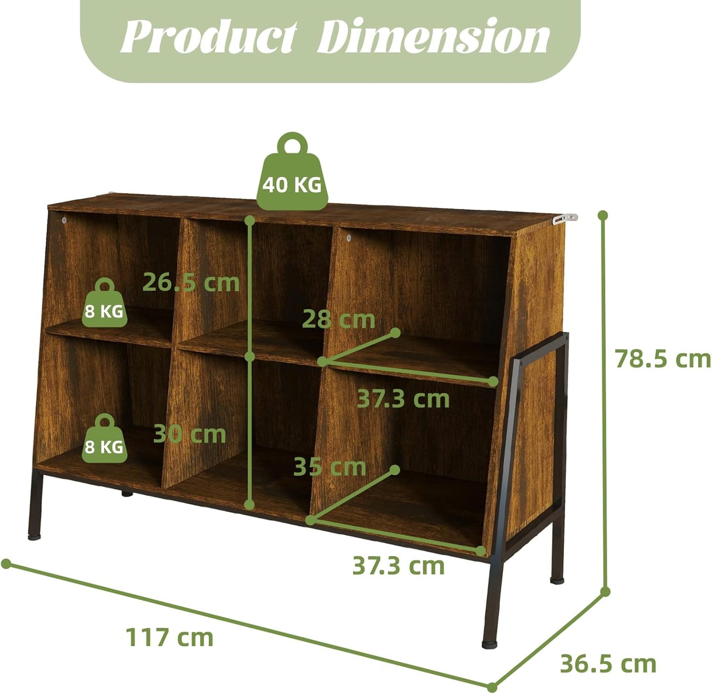 YOSHOOT Bücherregal, Offenes Bücherregal Aus Holz Mit Metallbeinen, Würfelförmiges Lagerregal Mit 2 Ebenen, Vitrine Mit 6 Offenen Fächern Für Wohnzimmer, Büro, 117X36.5X78.5 Cm (Rustikales Braun)