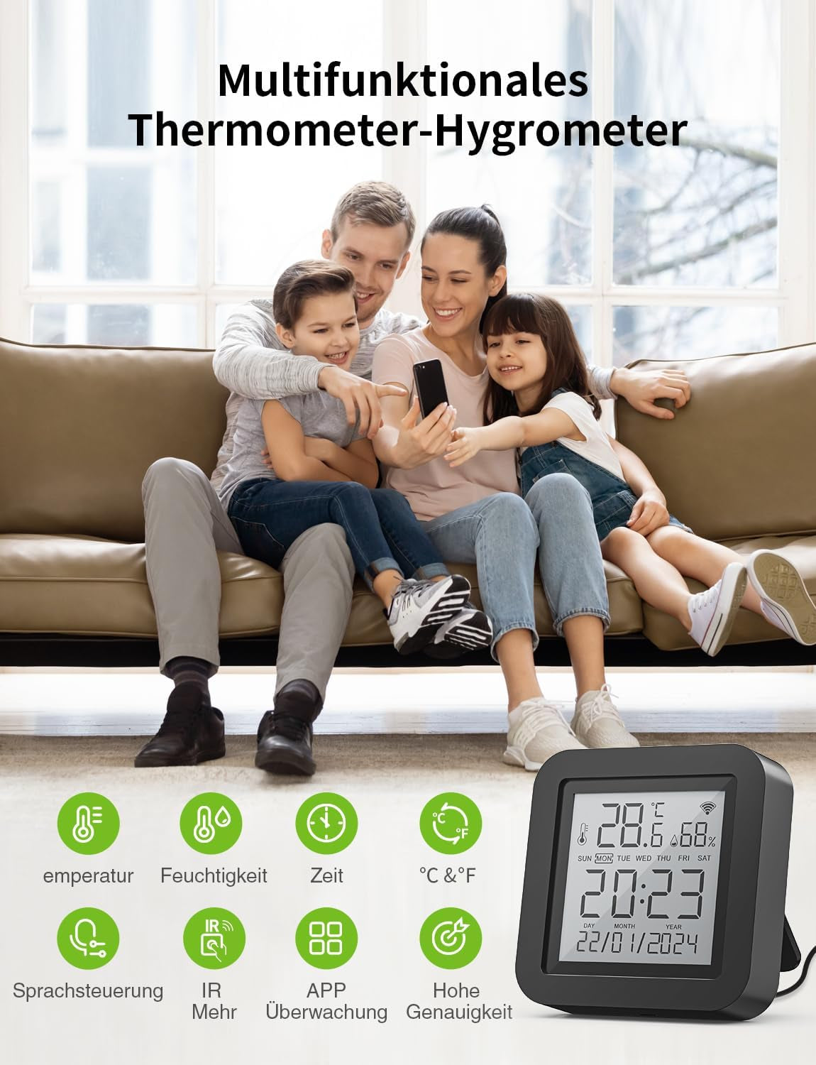 Ghome Smart WLAN Thermometer Hygrometer, Smart Infrarot-Fernbedienung, Digital Temperatur Luftfeuchtigkeitsmesser Mit App-Benachrichtigungsalarm, Kompatibel Mit Alexa Und Google Assistant(1 Pack)