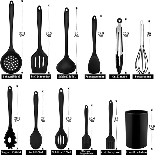 Homikit Silikon Küchenhelfer Set, 12 Stück Schwarz Kochutensilien Kochgeschirr, Hitzebeständiger Kochbesteck Set Mit Utensilienhalter, Gesund & Antihaft, Spülmaschinengeeignet