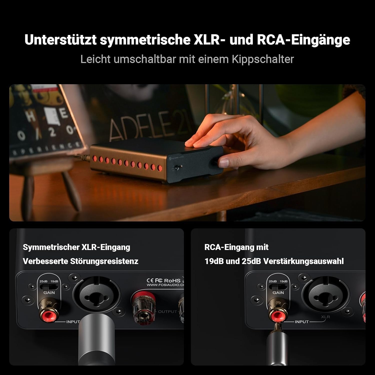 Fosi Audio V3 Mono Leistungsverstärker Für Passive Lautsprecher, Mini Monoblock Class D Verstärker Mit TPA3255, 240W Hifi Heimkino AVR Receiver, RCA/XLR Symmetrische Eingänge, 48V/10A Netzteil