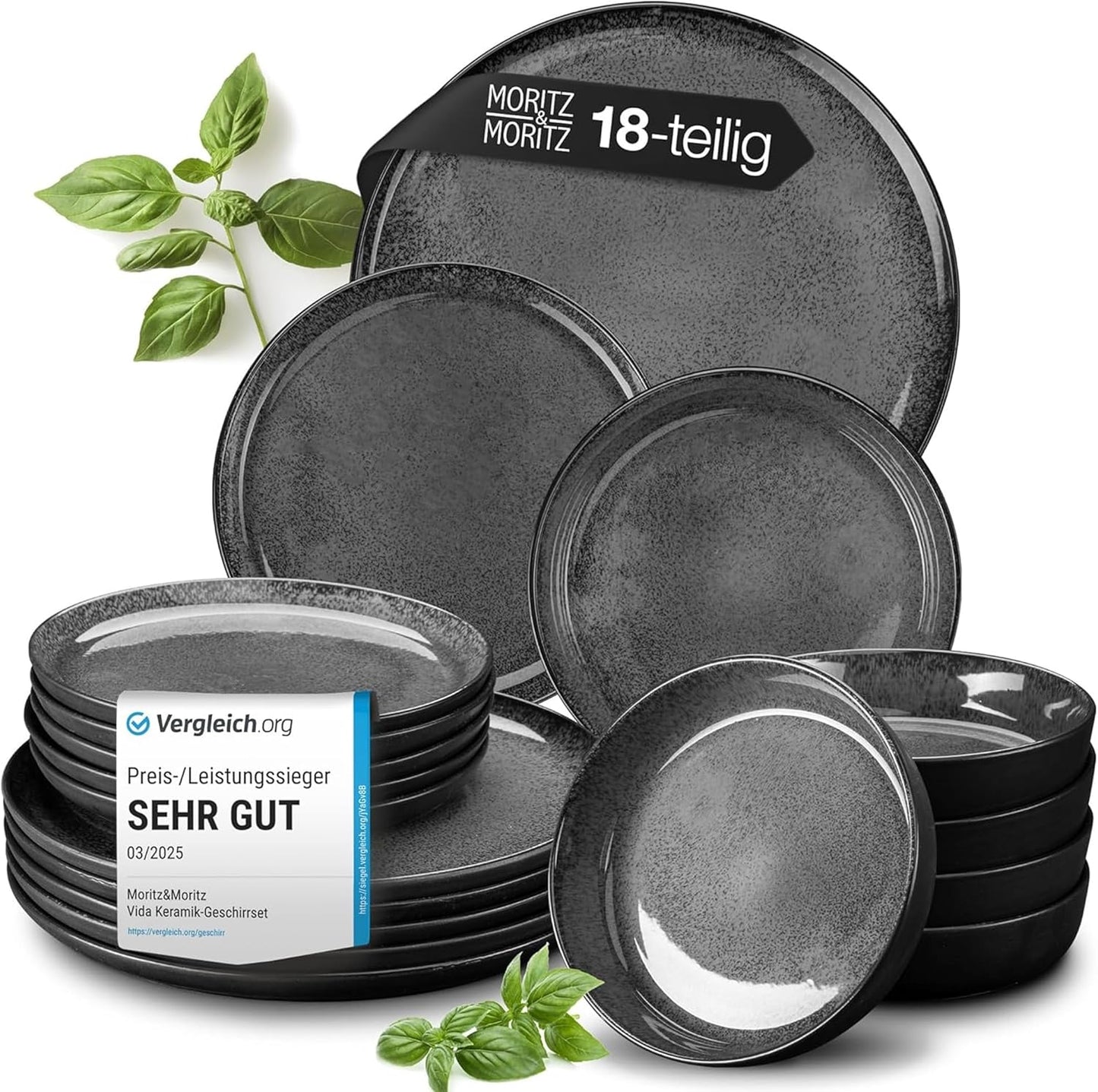 Moritz & Moritz VIDA Geschirrset 6 Personen Anthrazit 18-Tlg. - Modernes Porzellan Geschirr Set - Kratz-, Mikrowellen- & Spülmaschinenfest, Essgeschirr, Tafelservice, Kombiservice 6 Personen