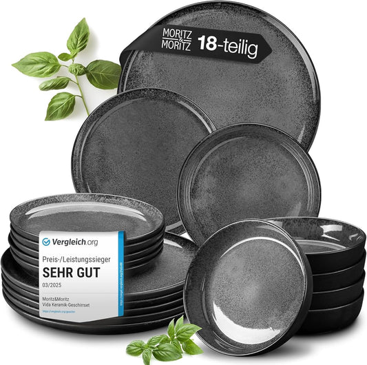 Moritz & Moritz VIDA Geschirrset 6 Personen Anthrazit 18-Tlg. - Modernes Porzellan Geschirr Set - Kratz-, Mikrowellen- & Spülmaschinenfest, Essgeschirr, Tafelservice, Kombiservice 6 Personen