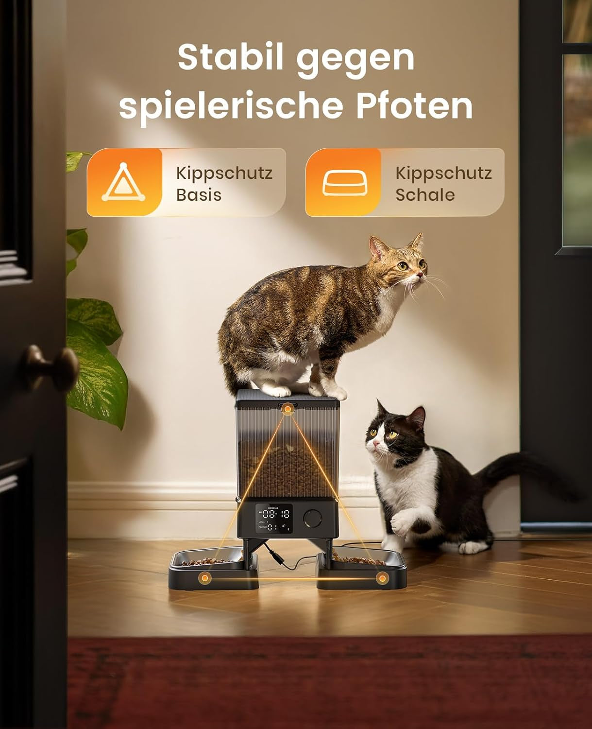 Oneisall 5L Futterautomat Katze 2 Näpfe, Katzenfutter Automat Mit Einem Knopf, Einfache Bedienung, Futterspender Für Katzen/Hunde, Mit Edelstahlschüssel, Voice Recorder, Für Kleine/Mittlere Haustiere