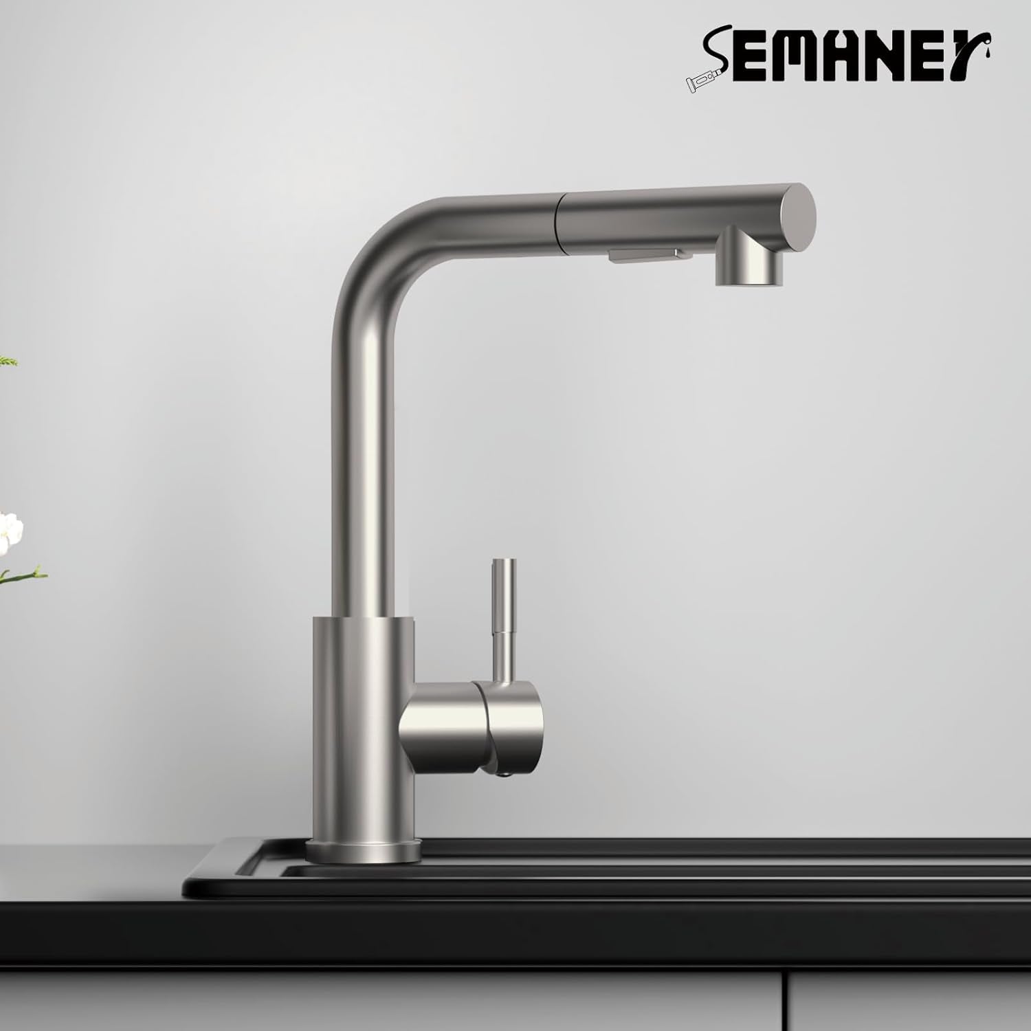 Hochdruck Wasserhahn Küche Ausziehbar, SEMANEY 2 Modi Küchenarmatur Mit Brause Ausziehbar, 360° Schwenkbar Spültischarmatur Mischbatterie Küche, L Form Einhebelmischer Armatur Küche, Gebürstet