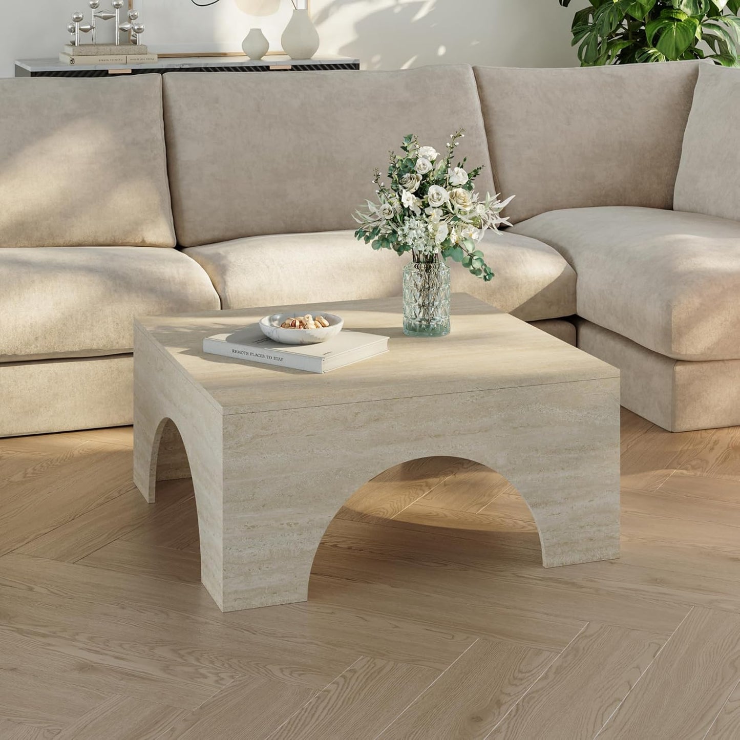 [En.Casa] Couchtisch Vivatka Wohnzimmertisch Beistelltisch 80 X 80 X 37 Cm Sofatisch Quadratisch Kaffeetisch Travertin