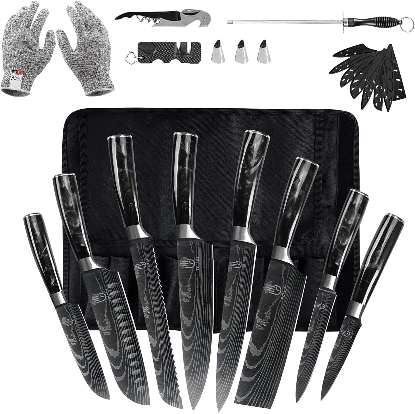 FULLHI Messer Set, 14Pcs Japanisches Messer Set, Mehrfarbige Deutsche Edelstahl Küchenmesser Set