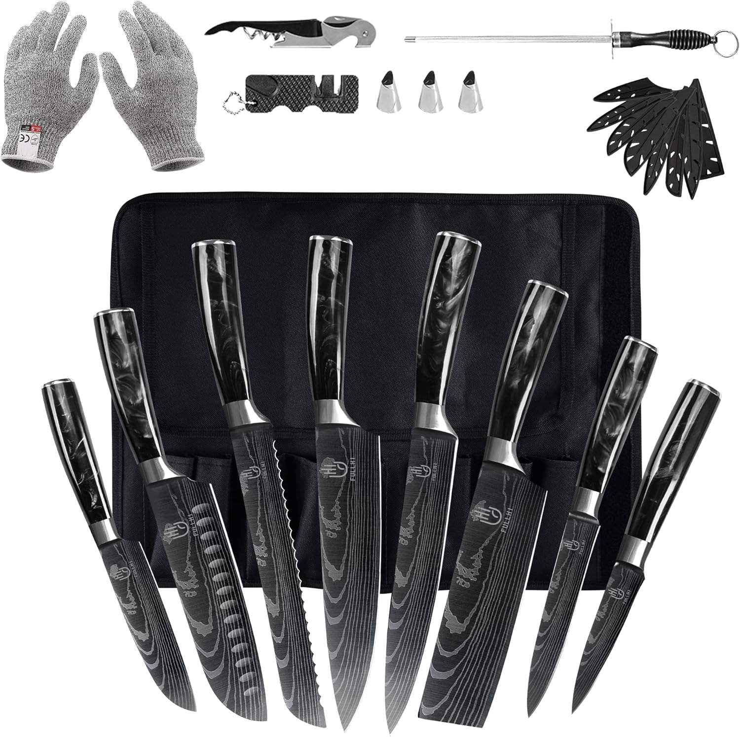 FULLHI Messer Set, 14Pcs Japanisches Messer Set, Mehrfarbige Deutsche Edelstahl Küchenmesser Set