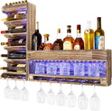 Yorbay Weinregal Mit Led-Licht Palette Beflammt Holz, Wandbar Mit Korkhalter, Für Weingläser, Whiskygläser, Flaschenhalter Hausbar, Vintage, Geschenk