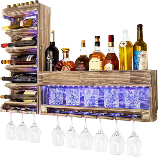 Yorbay Weinregal Mit Led-Licht Palette Beflammt Holz, Wandbar Mit Korkhalter, Für Weingläser, Whiskygläser, Flaschenhalter Hausbar, Vintage, Geschenk