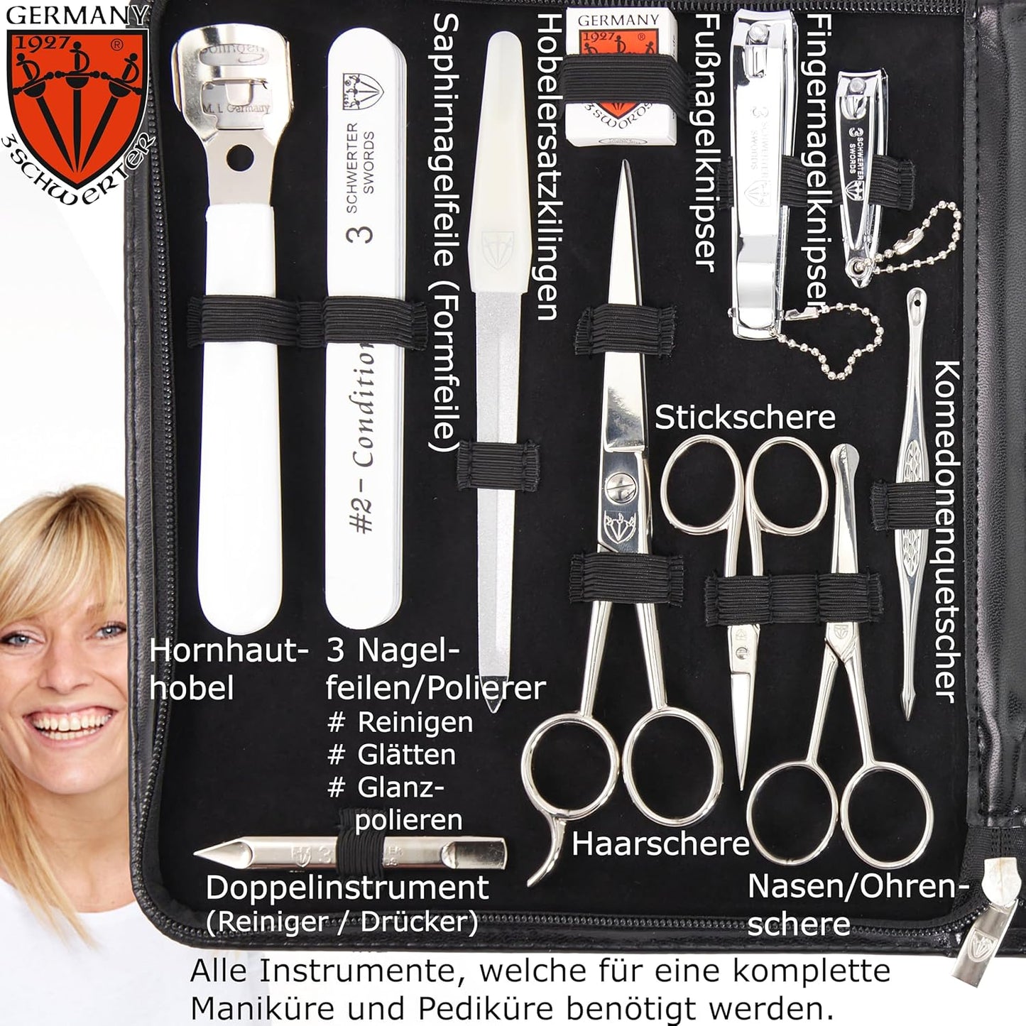 DREI SCHWERTER - Germany 23-Tlg. MEGA Maniküreset 'Varese' Nagel Set Etui in Kunstleder Schwarz | Inhalt: Nagelschere, Nagelzange, Haarschere, Nagelknipser Und Vieles Mehr!