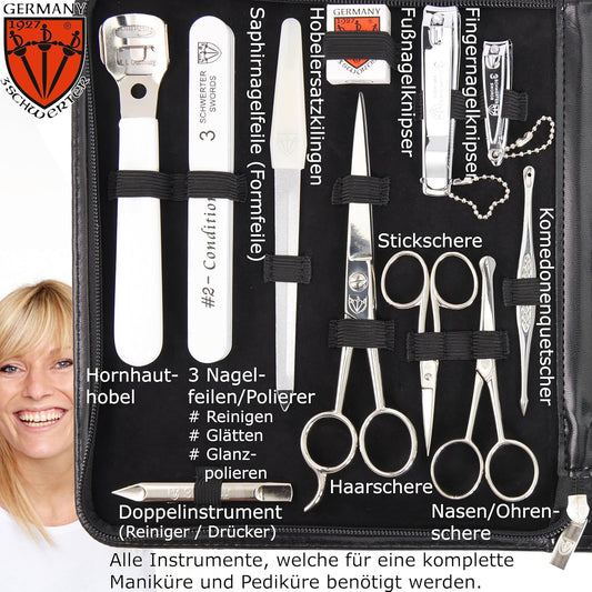 DREI SCHWERTER - Germany 23-Tlg. MEGA Maniküreset 'Varese' Nagel Set Etui in Kunstleder Schwarz | Inhalt: Nagelschere, Nagelzange, Haarschere, Nagelknipser Und Vieles Mehr!