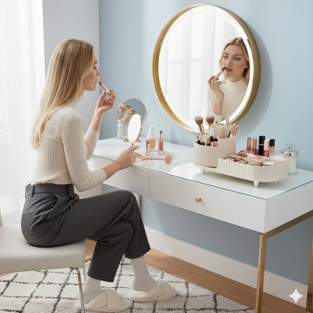 Make up Organizer 360° Drehbar, Großer Bad Kosmetik Organizer Mit Aufbewahrungsbox Für Schminktisch – Inkl. Makeup Pinsel Reiniger (Beige)