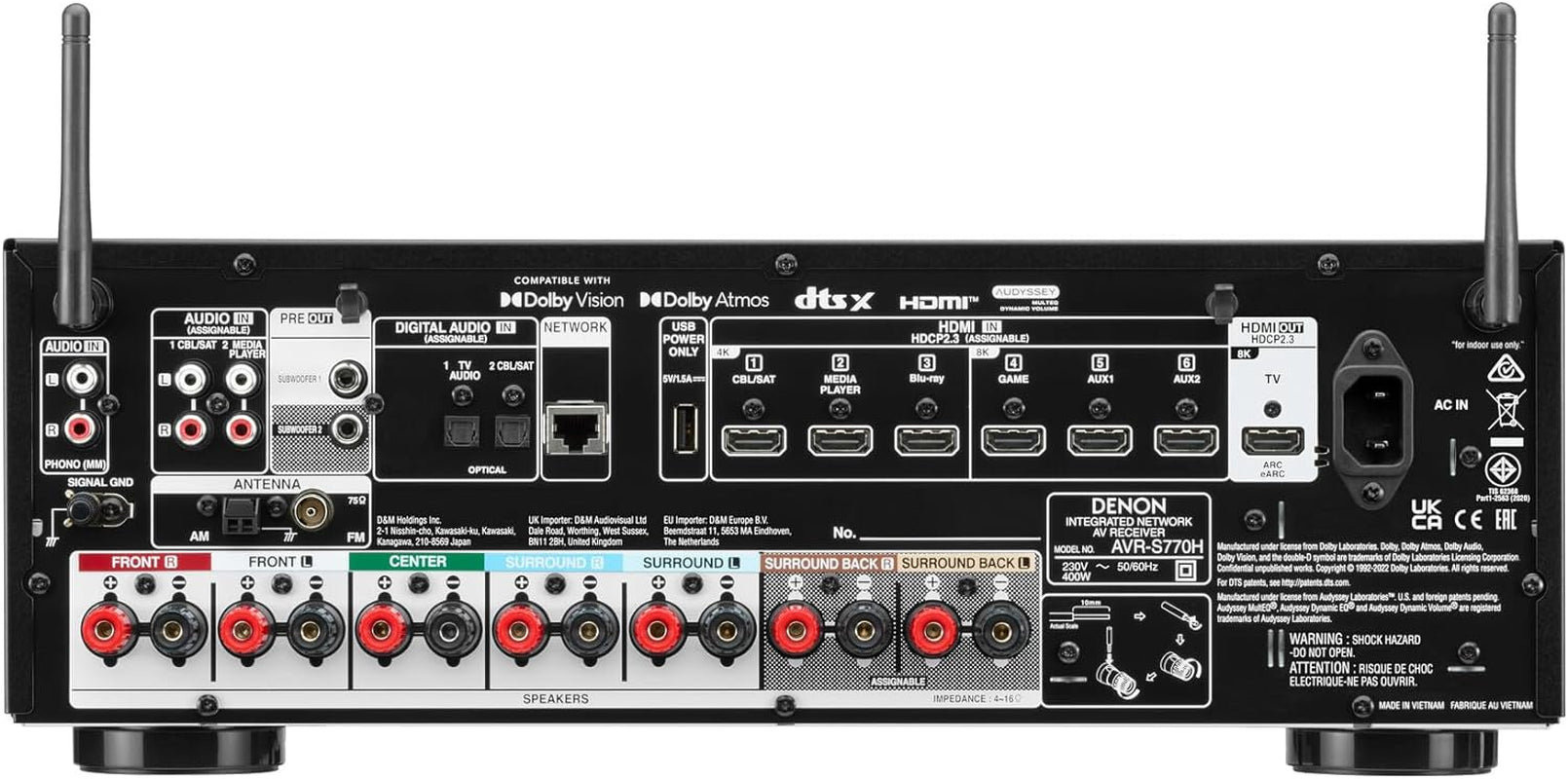 Denon AVR-S770H 7.2-Kanal Av-Receiver, Dolby Atmos, DTS:X, 6 HDMI Eingänge Und 1 Ausgang, 8K HDMI, HEOS Built-In, Bluetooth, WLAN, Airplay 2, Alexa Kompatibel - Schwarz