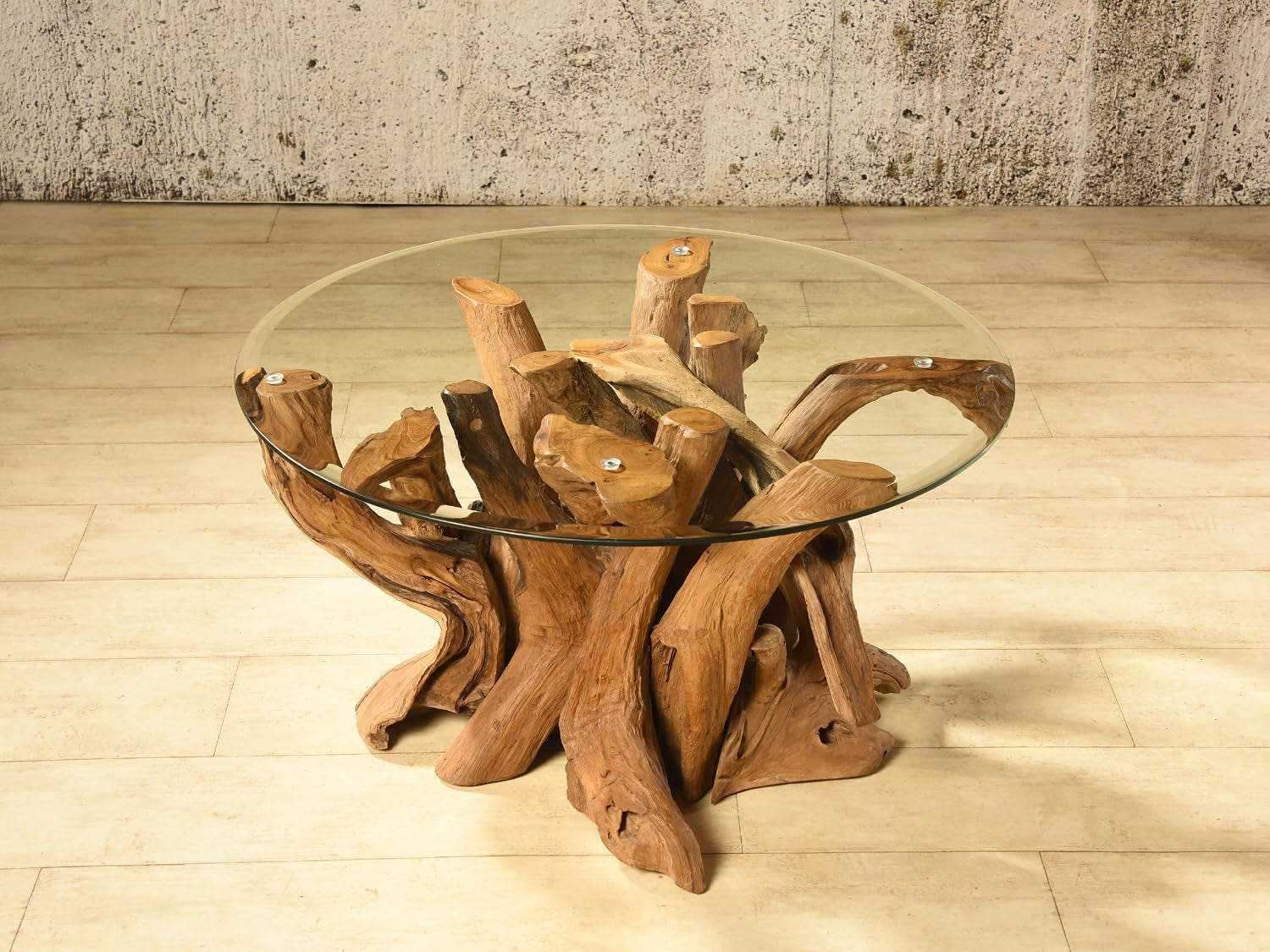Koroba Couchtisch Sofatisch Wurzelholz Wohnzimmertisch Mit Glasplatte
