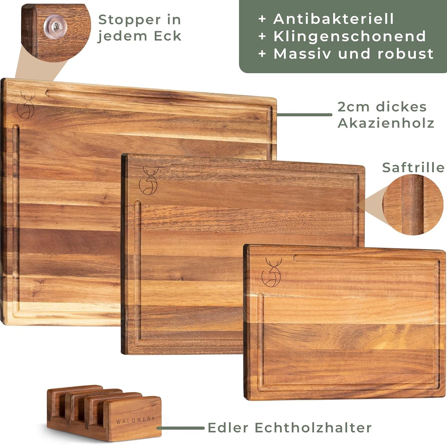 WALDWERK Schneidebrett 3Er Set (40X30 / 33X24 / 26X18Cm) Aus Massiver Akazie - Schneidebretter Mit Brettständer - 2Cm Dicke Holzbretter Mit Saftrille - Design Schneidebrett Set