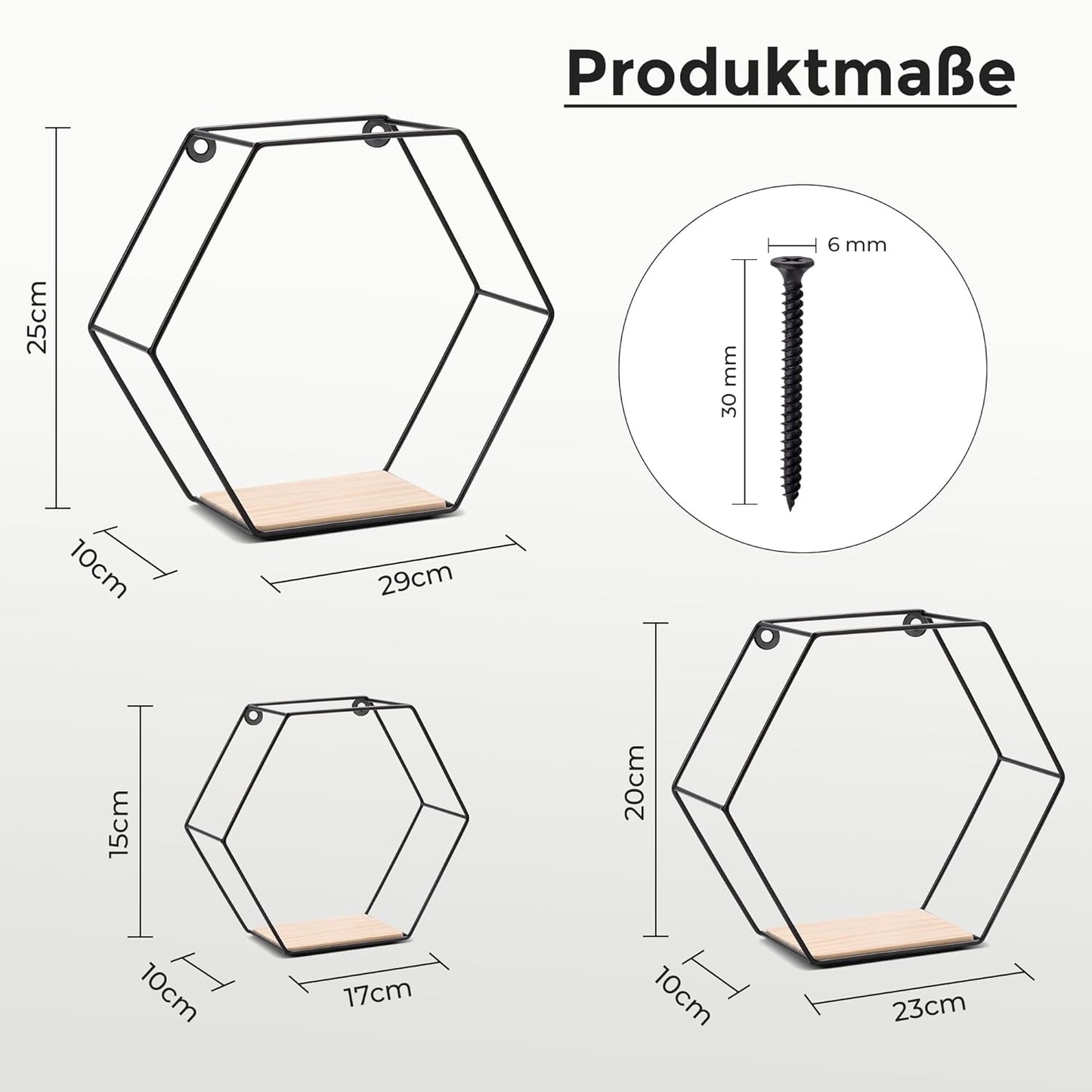 3Er Hexagon Wandregal Set, Schwarze Metall Schweberegale Mit Holzablage, Modernes Wabenregal Für Wohnzimmer, Schlafzimmer, Küche & Büro, Stabiles Stahlrahmen Regal Mit Schrauben & Montagezubehör
