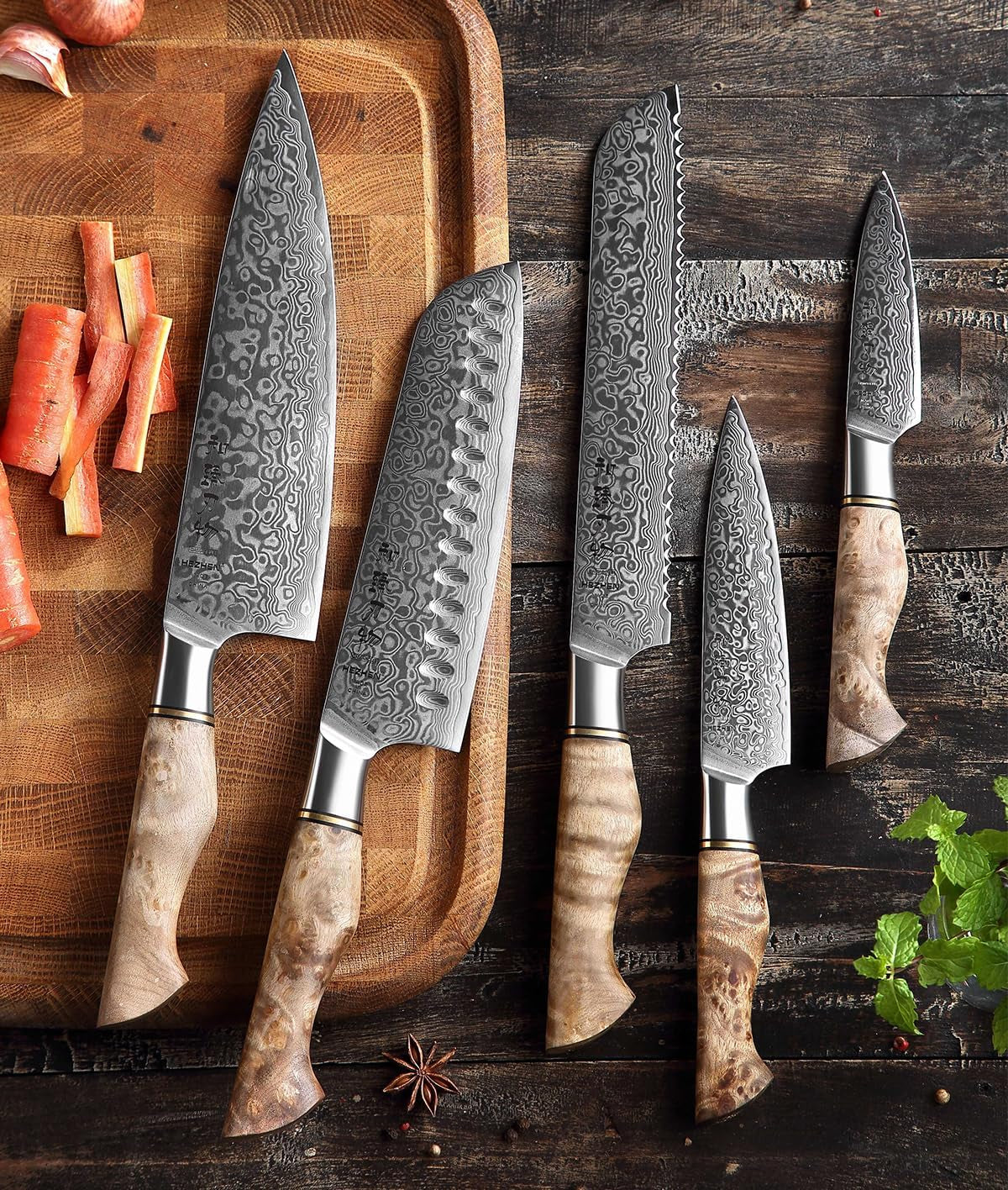 HEZHEN Damast Messer Set 5PCS, Japanischen Stil Damaskus Stahl Küchenmesser Santoku, Brot Universalmesser Schälmesser, Holzgriff
