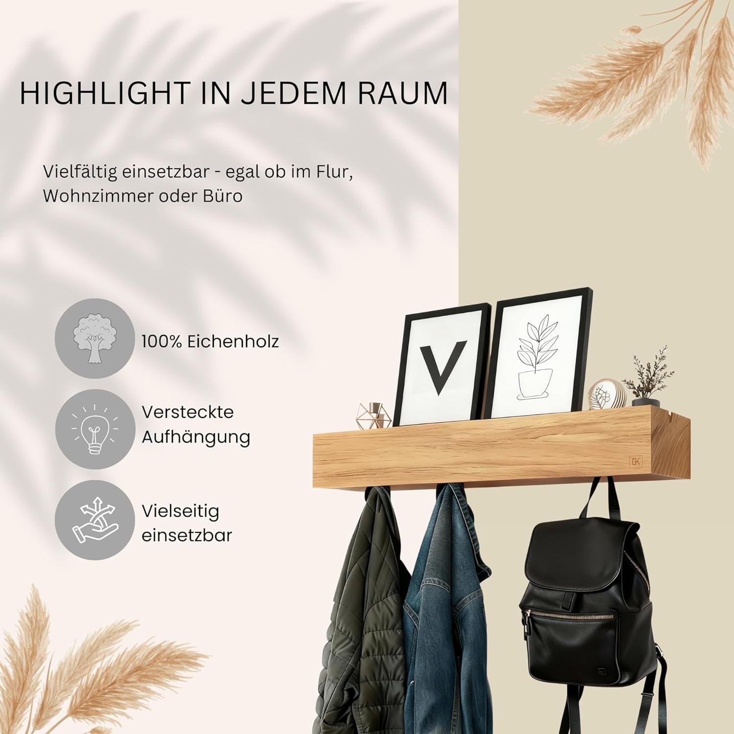 Design Wandgarderobe Aus Holz – Versteckte Haken & Ablage – Minimalistisches Regal Aus Eiche Für Flur, Wohnzimmer Oder Büro (Modern, 5 Haken)