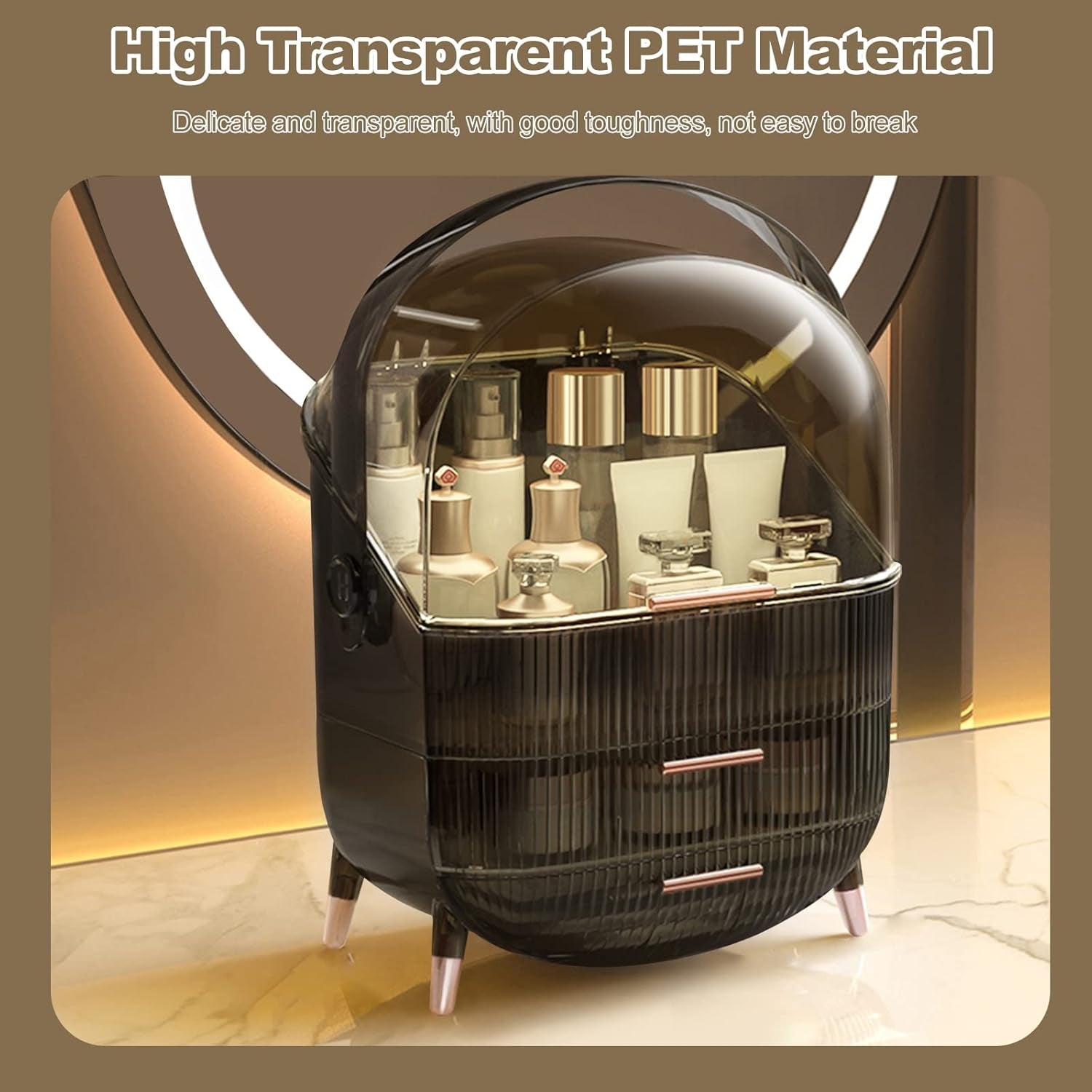 Galatée Retro Serie 180°Drehbar Tragbare Make up Organizer Kosmetikbox Kosmetische Aufbewahrungs Box Mit Staubdichtem Deckel, Beauty Organizer Mit 2 Schubladen Und Tragegriff - （Retro-Grau）