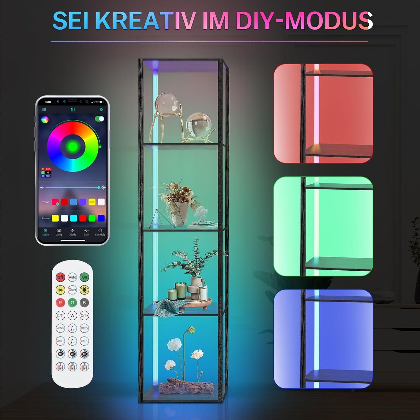 XIIW Bücherregal Mit Led-Beleuchtung, 5 Stufige Stehleuchte Mit Regal, Stehlampe Wohnzimmer Aus Holz Mit APP Und Fernbedienung, Standleuchte Eckregal Für Wohnzimmer, Schlafzimmer, Arbeitszimmer