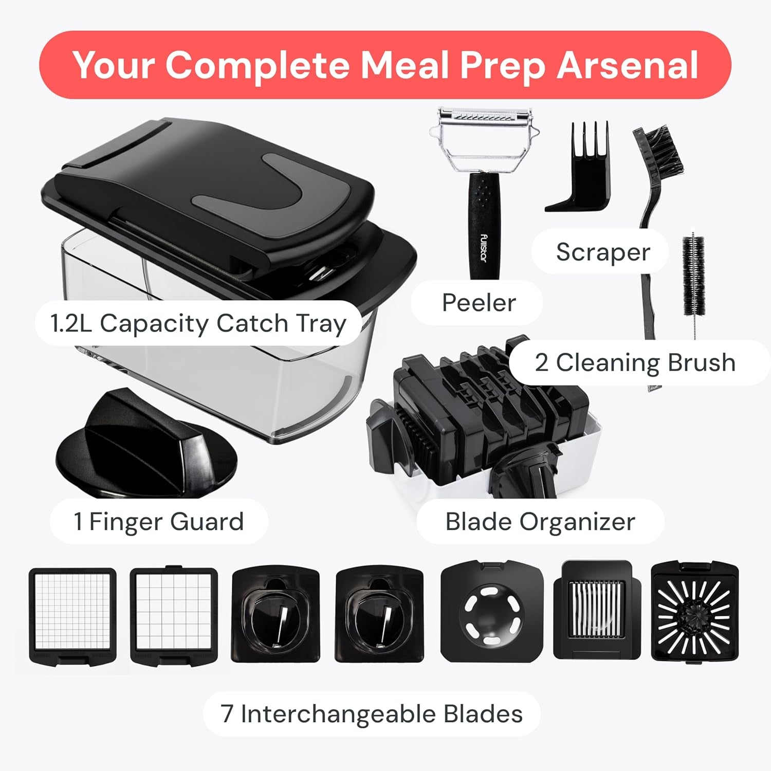 Fullstar Gemüseschneider Und Spiralschneider - Zwiebelschneider Zerkleinerer - Gemüse Schneider Würfelschneider Für Kartoffeln Gurken Früchte - Küchenzubehör Und Küchengeräte (PRO 9-In-1, Schwarz)