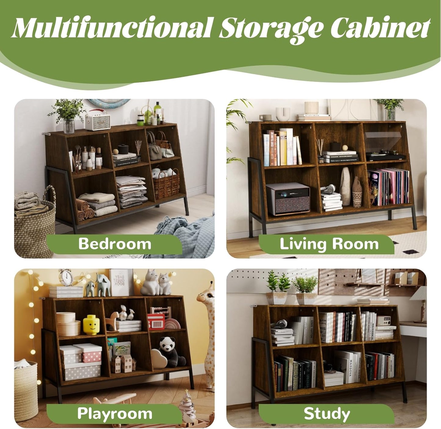 YOSHOOT Bücherregal, Offenes Bücherregal Aus Holz Mit Metallbeinen, Würfelförmiges Lagerregal Mit 2 Ebenen, Vitrine Mit 6 Offenen Fächern Für Wohnzimmer, Büro, 117X36.5X78.5 Cm (Rustikales Braun)