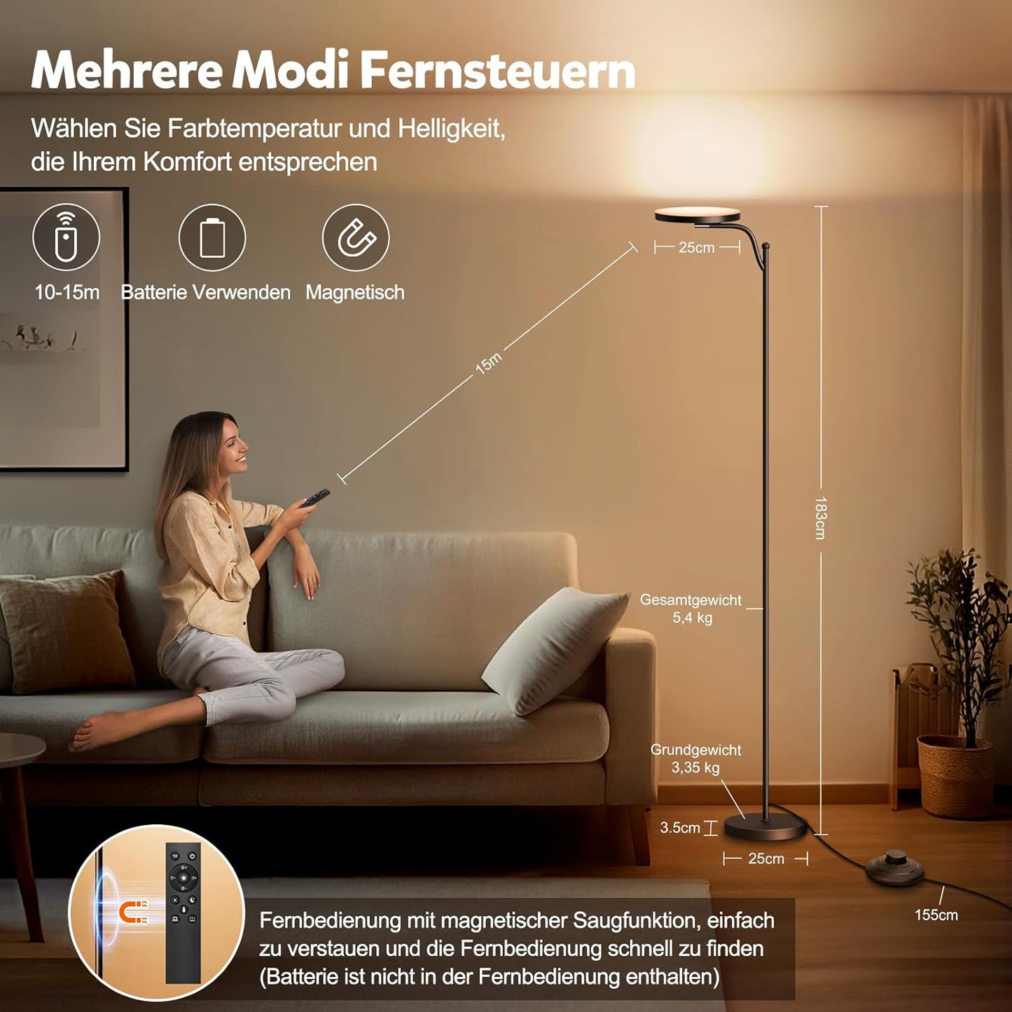 32W Deckenfluter LED Dimmbar 183Cm,3000 Lumen Stehlampe Dimmbar Mit Memory-Funktion,2700K-6500K Leselampe Stehlampen Schwarz,Led Stehlampe 1H Timer Mit Fernbedienung Für Schlafzimmer,Büro