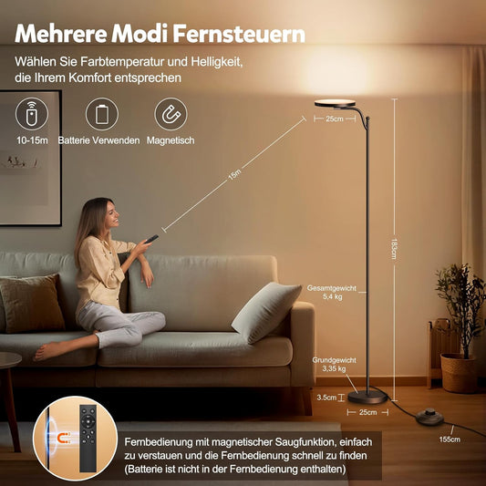 32W Deckenfluter LED Dimmbar 183Cm,3000 Lumen Stehlampe Dimmbar Mit Memory-Funktion,2700K-6500K Leselampe Stehlampen Schwarz,Led Stehlampe 1H Timer Mit Fernbedienung Für Schlafzimmer,Büro