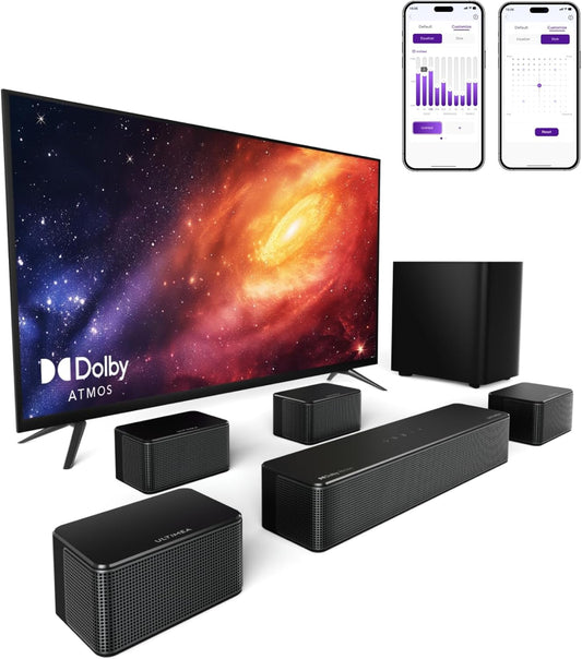 ULTIMEA 7.1 Surround Sound System Für TV Mit Dolby Atmos, App Steuerung, 4 Kabelgebundene Surround-Lautsprecher, 460W Soundbar Für Smart TV Mit Wireless Subwoofer, Heimkino Sound System, Poseidon D80