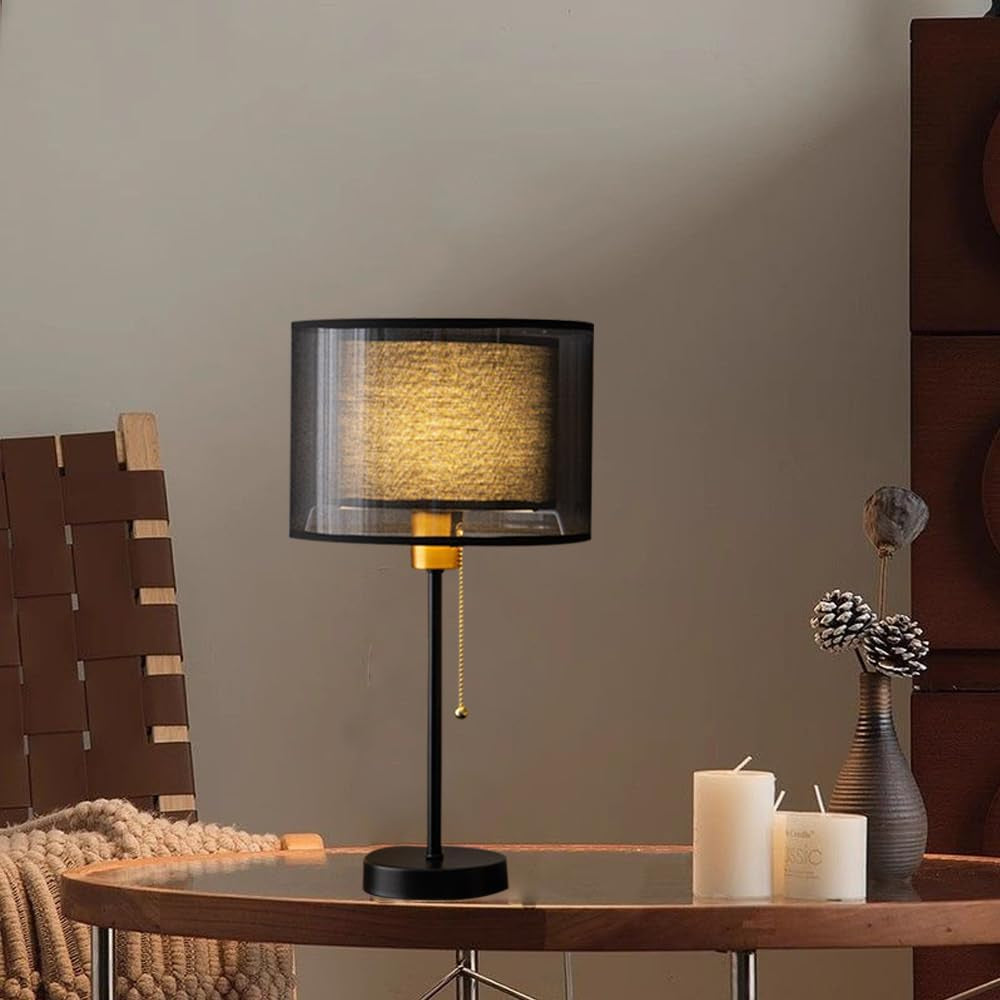 Tischlampe Moderne E27 Nachttisch Lampe,Vintage Tischleuchte Mit Stoff Lampenschirm Bürolampe,Leselampe,Deko Table Lampe Schreibtischlampe Retro Für Schlafzimmer,Wohnzimmer (Schwarz)