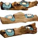 Teelichthalter Glas Und Holz, Tisch Deko Wurzelholz Aus Teakholz Stamm Holzschale - 2Er Für Zwei Teelichter