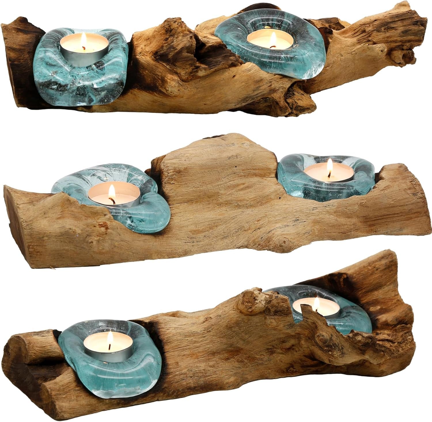 Teelichthalter Glas Und Holz, Tisch Deko Wurzelholz Aus Teakholz Stamm Holzschale - 2Er Für Zwei Teelichter