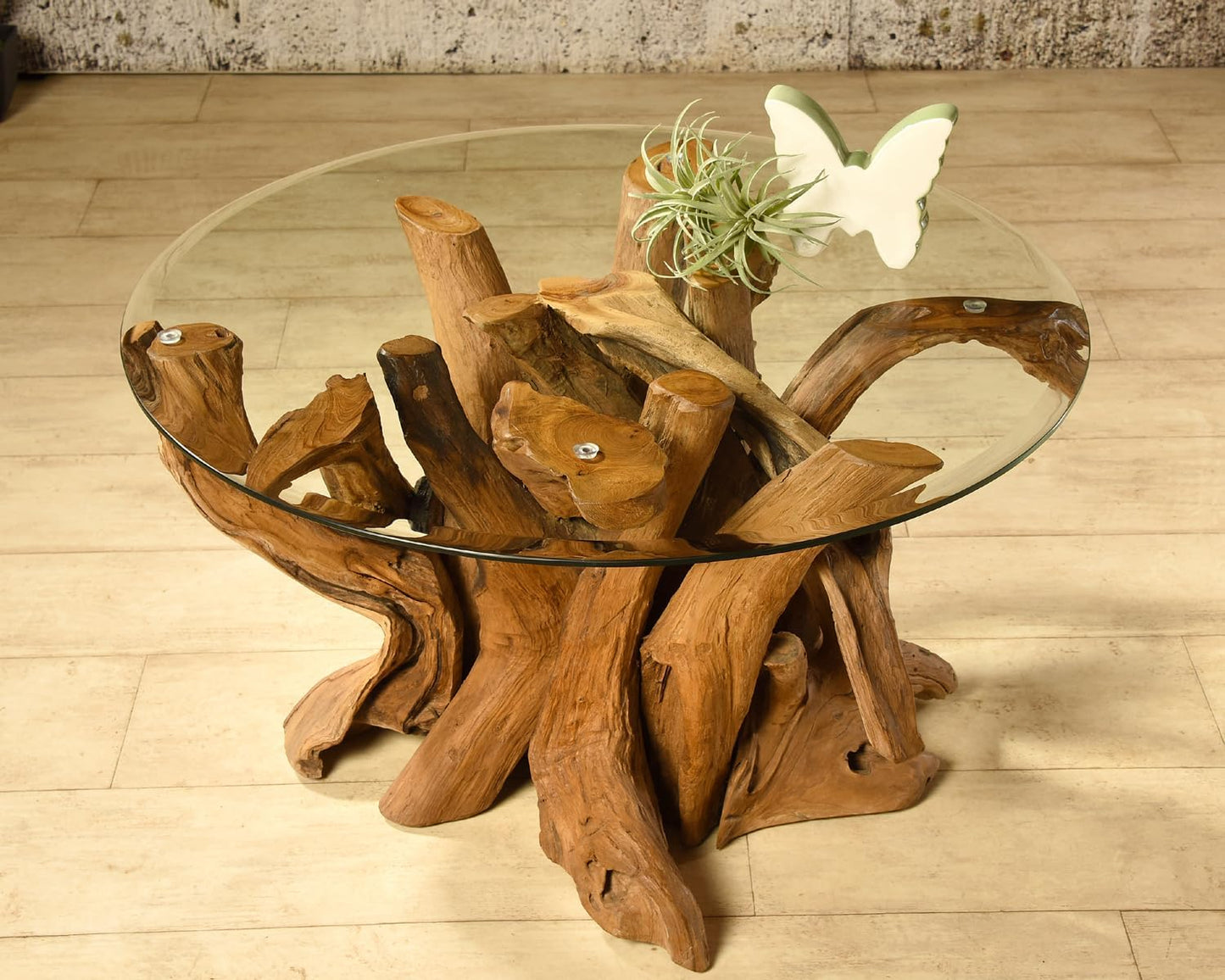 Koroba Couchtisch Sofatisch Wurzelholz Wohnzimmertisch Mit Glasplatte