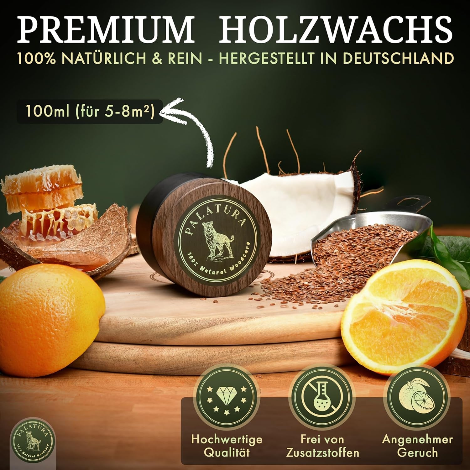 100% Natural Woodcare, Natürliche Holzpflege, Premium Holzwachs, Holzschutz Innen Und Außen, Möbelwachs, Möbelpflege Mit Bienenwachs Und Leinöl, 100Ml, Sehr Ergiebig